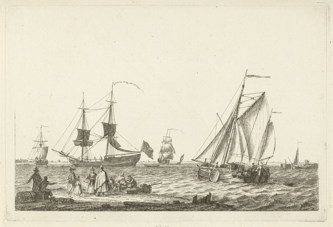Vue de rivière (divers bateaux sur les vagues) - Gerrit Groenewegen