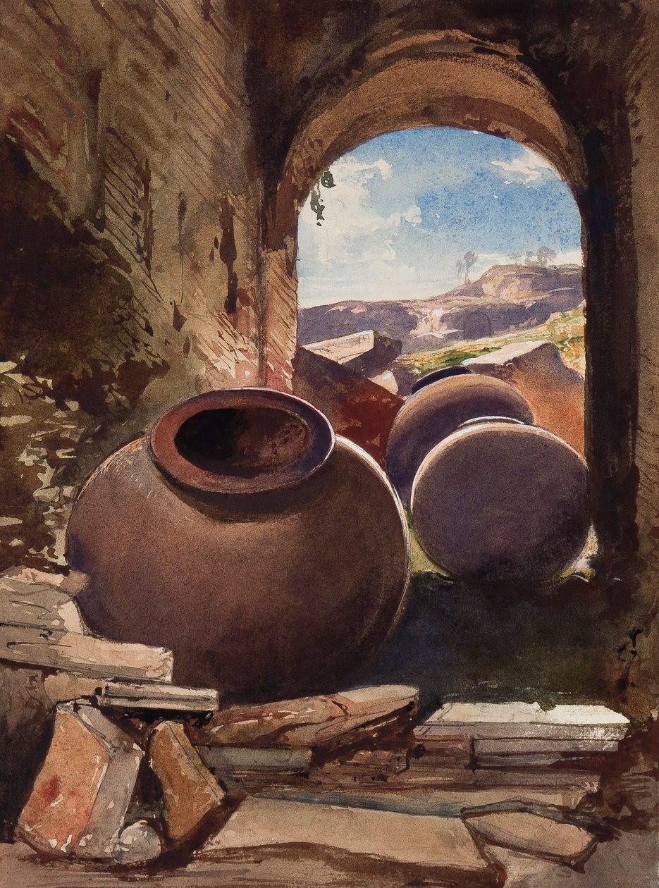 Amphores dans une ruine, avec des ajouts par un élève de Borbone - Giacinto Gigante