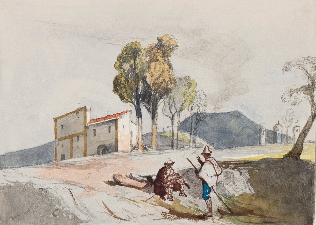 Bergers avec le Vésuve au loin, avec des ajouts par un élève de Borbone - Giacinto Gigante