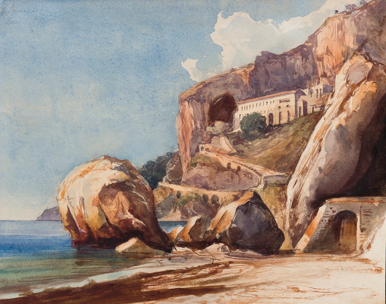 Le monastère des Capucins à Amalfi depuis la plage, avec des ajouts par un élève de Borbone - Giacinto Gigante