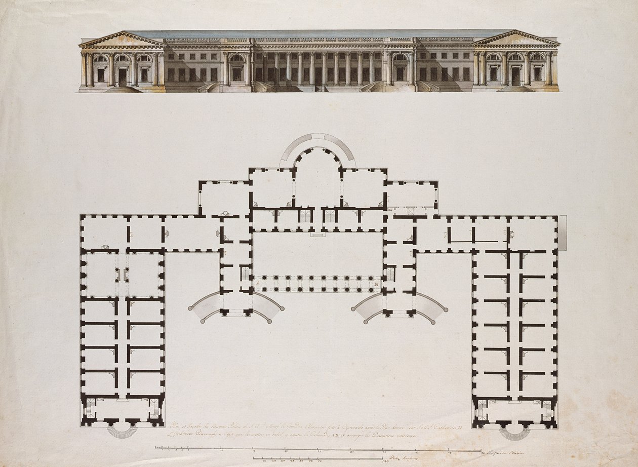 Élévation nord et plan au sol du Palais Alexandre à Tsarskoïe Selo, vers les années 1780 - Giacomo Antonio Domenico Quarenghi