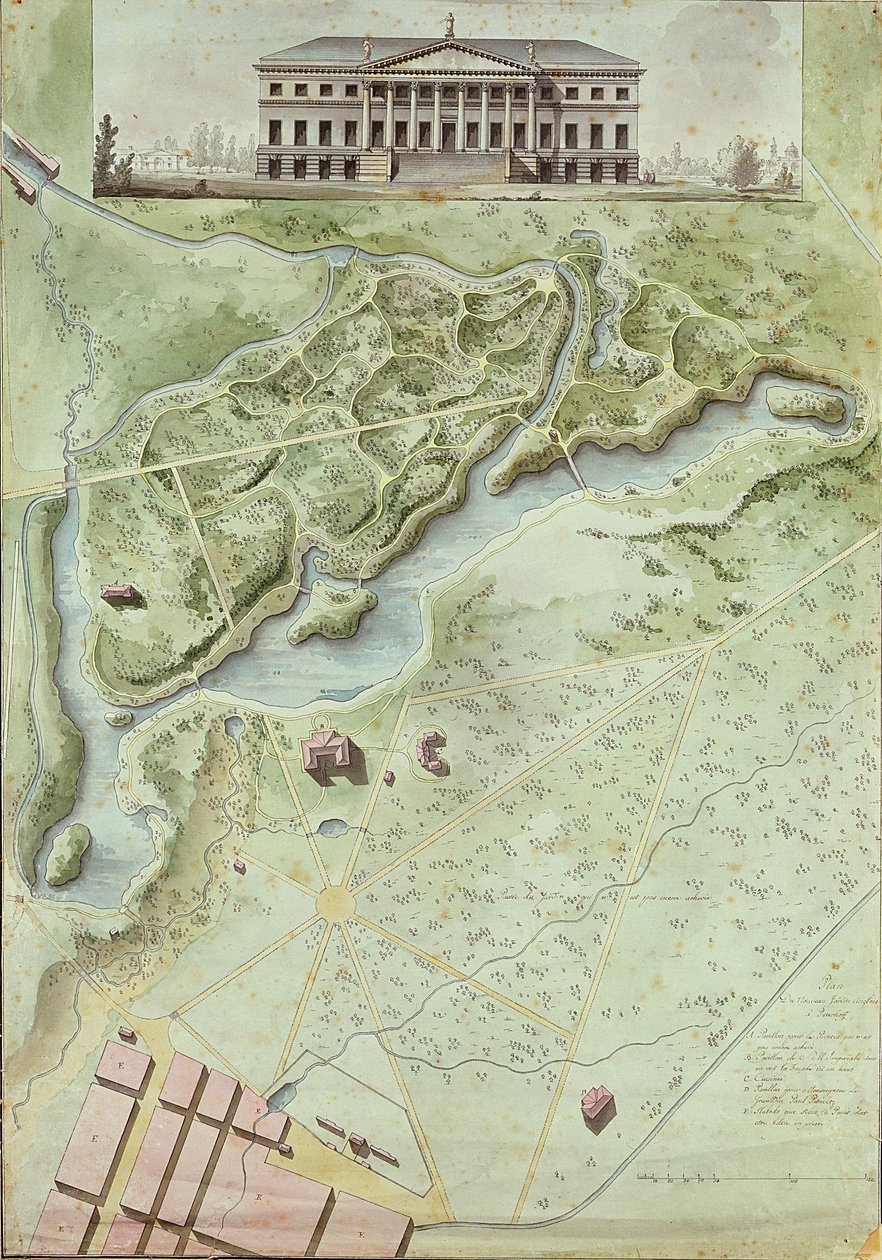 Peterhof, Russie : Élévation du Palais Anglais et plan du parc - Giacomo Antonio Domenico Quarenghi