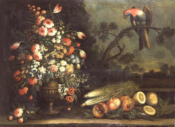 Nature morte, fleurs mélangées, légumes et perroquet - Giacomo Nani