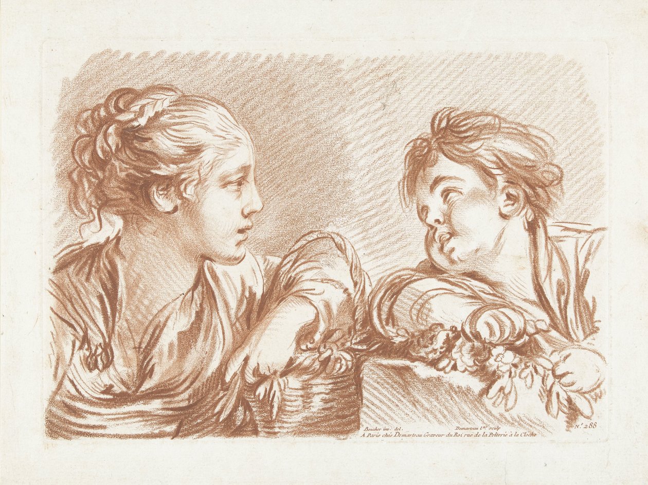 Jeune femme avec un panier de fleurs et un garçon - Gilles Demarteau
