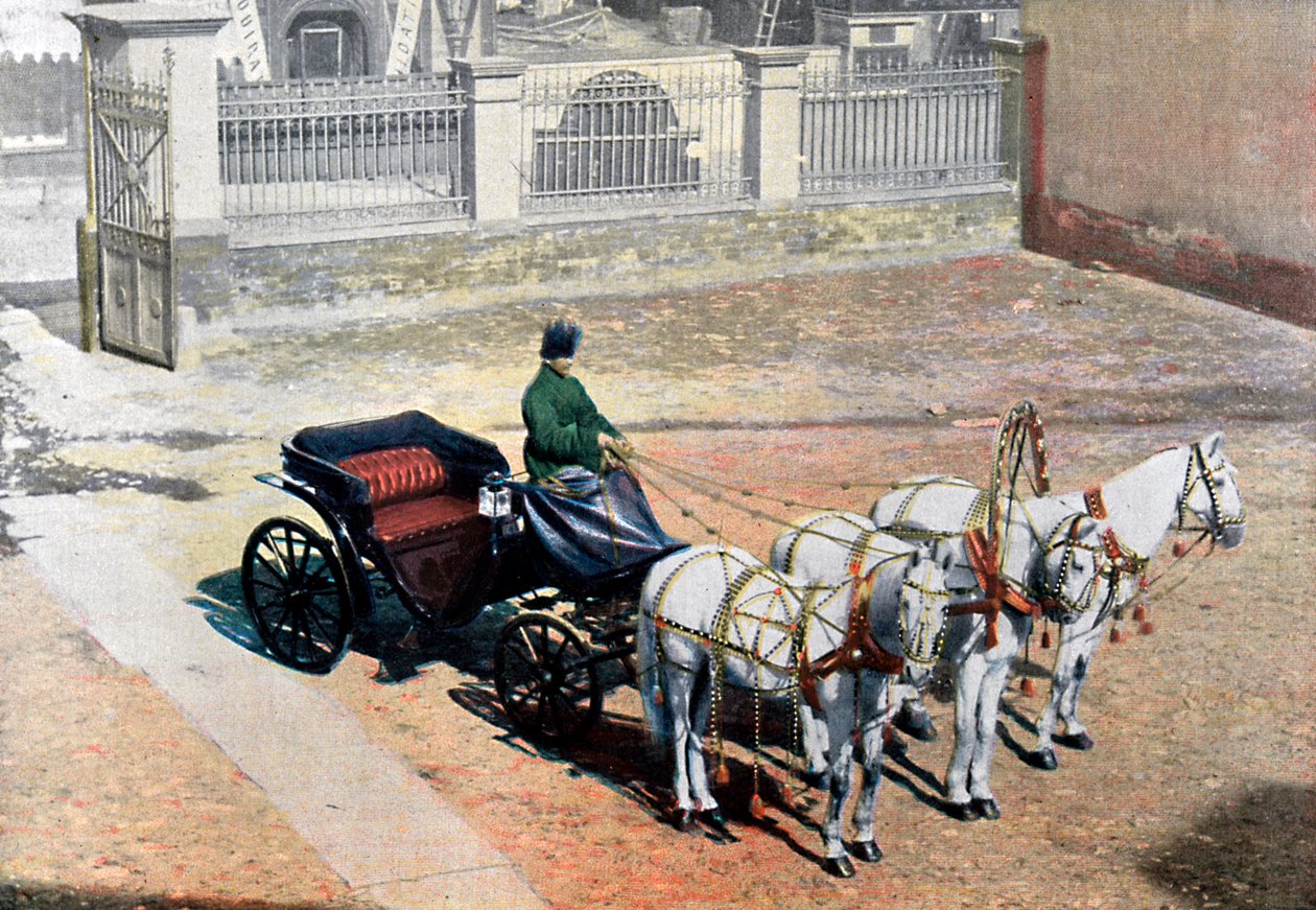 Une troïka tirée par trois chevaux en été, Russie, vers 1890 - Gillot