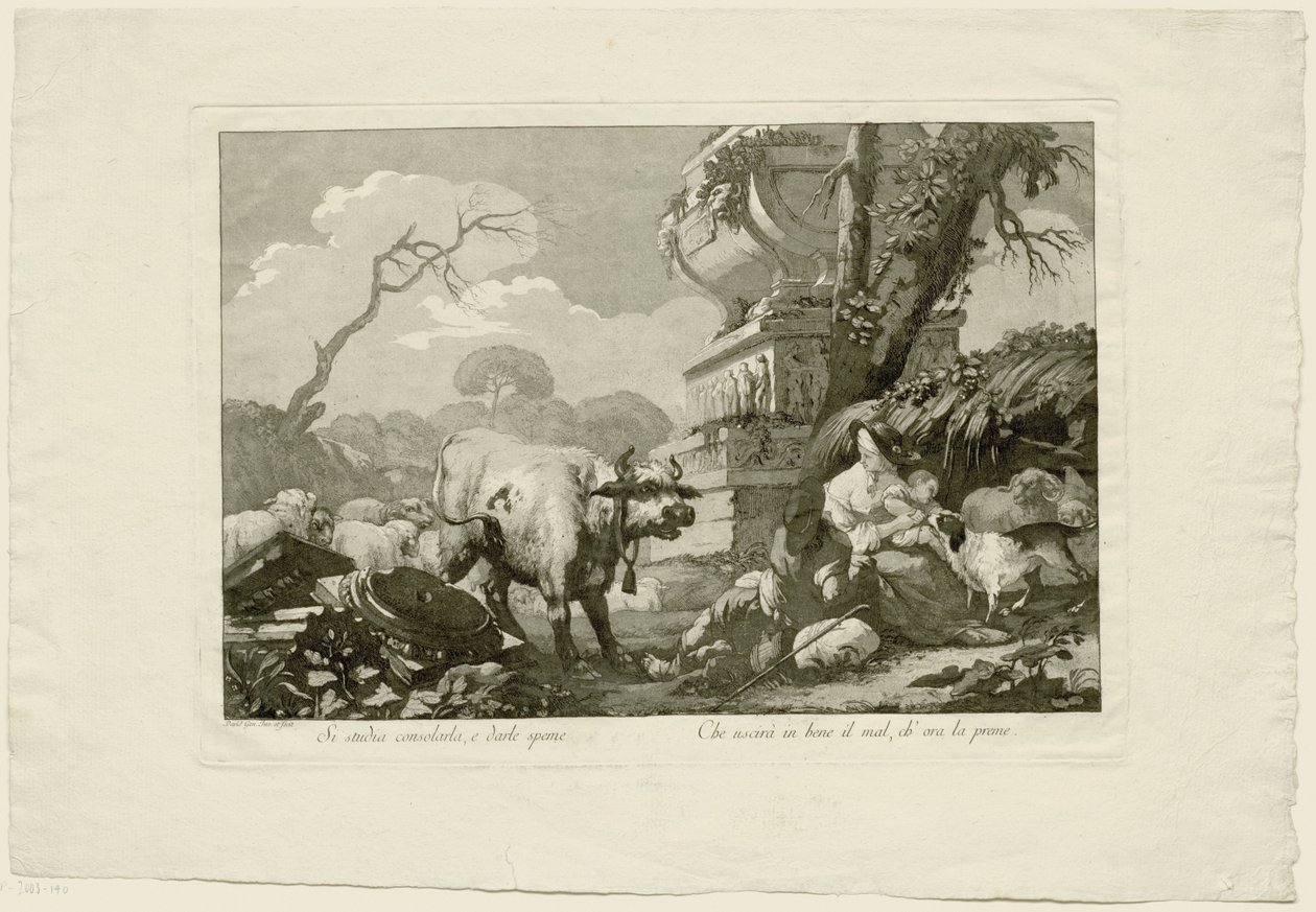 Famille de bergers avec bétail près d