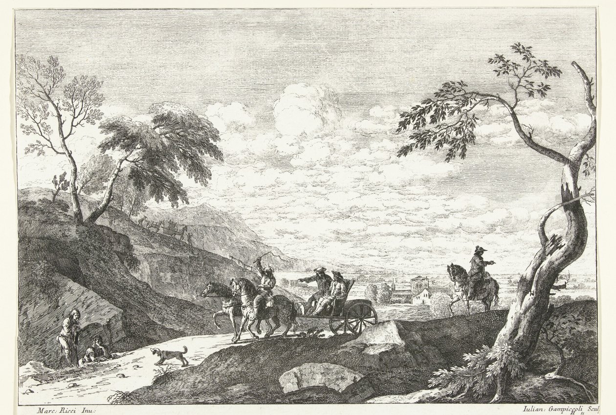Paysage vallonné avec deux hommes en calèche - Giuliano Giampiccoli