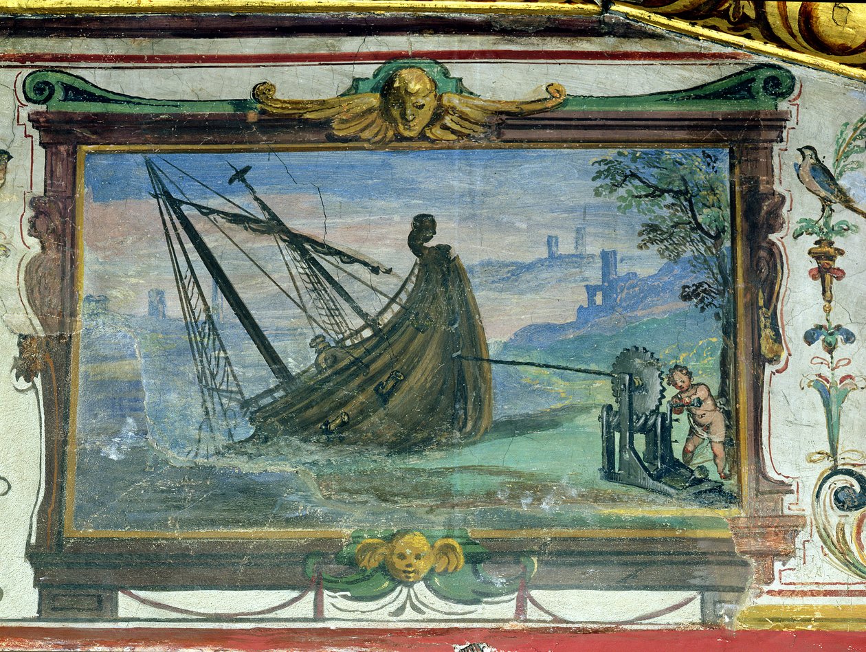 Une vis sans fin qui a permis à Archimède (c.287-12 av. J.-C.) de tirer un navire à terre, Stanza della Mattematica, 1587-1609 - Giulio Parigi