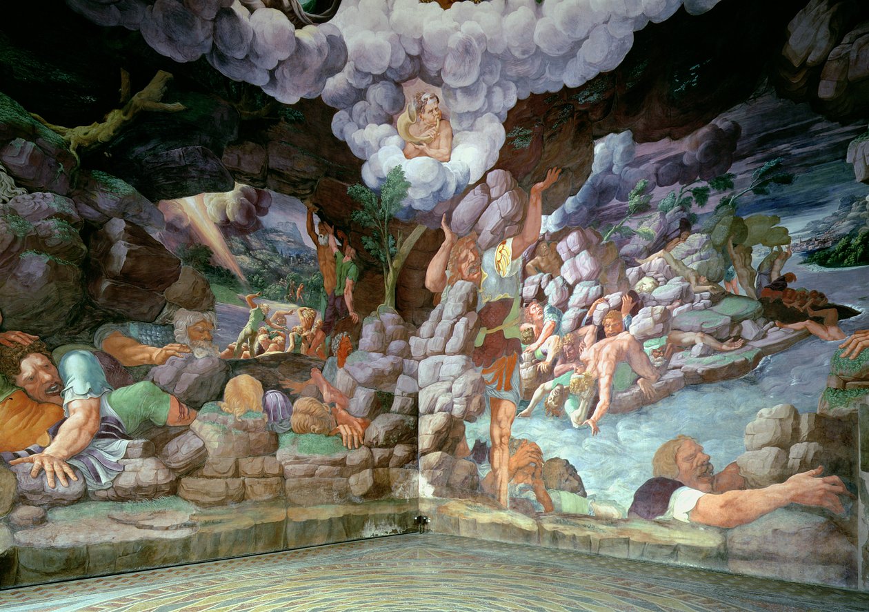 Salle des Géants, vue de deux murs montrant la destruction des géants rebelles par les foudres de Jupiter, 1536 - Giulio Romano