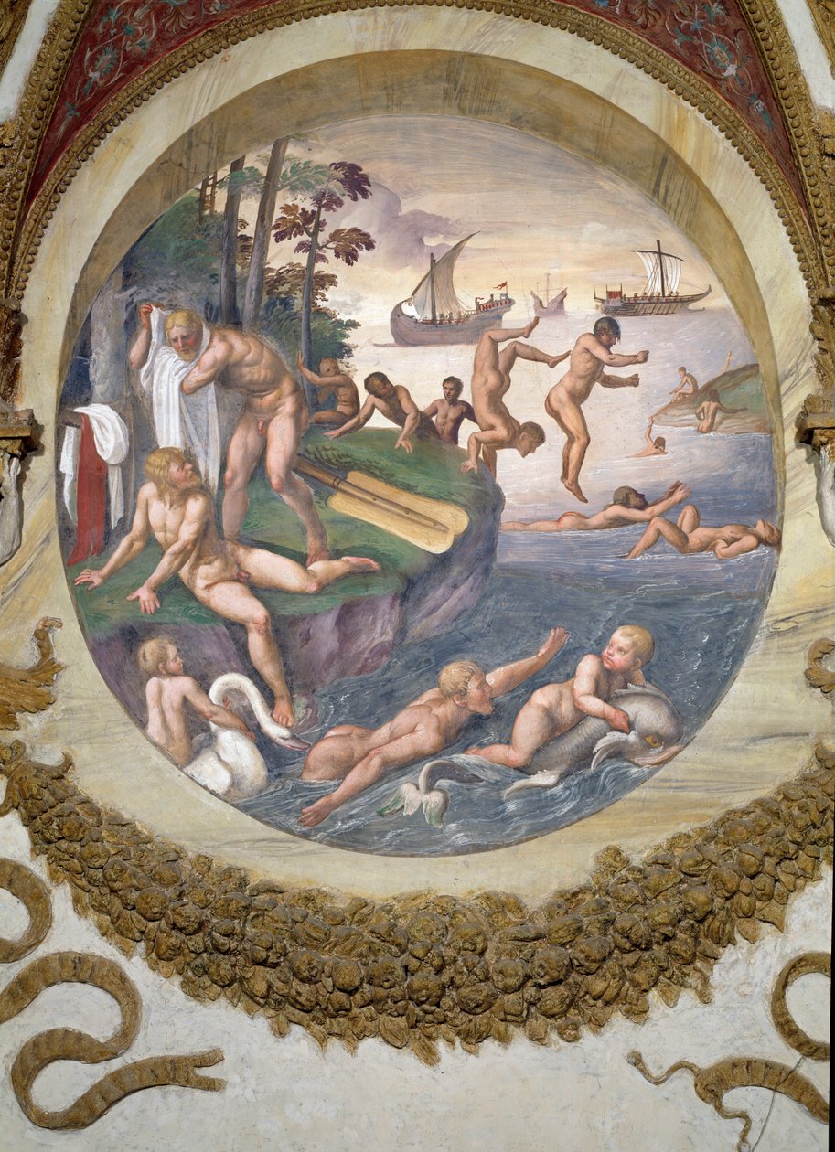 Scène montrant que ceux nés sous le signe du Bélier en conjonction avec la constellation du Navire et du Dauphin ont des aptitudes pour la navigation et la natation, symbolisées par le navire - Giulio Romano