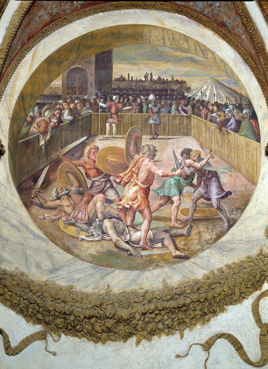 Scène montrant que ceux nés sous le signe du Taureau en conjonction avec la constellation des Pléiades ont une aptitude pour le combat, symbolisée par un combat de gladiateurs - Giulio Romano