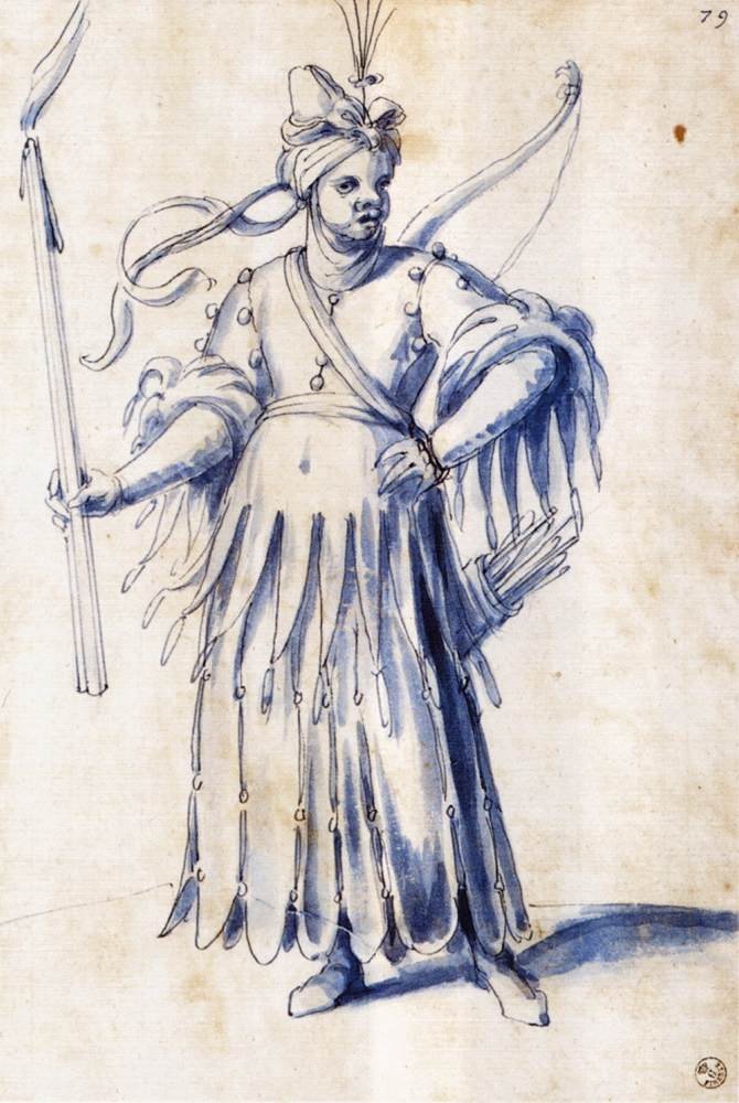 Dessin de costume pour une figure féminine avec une torche - Giuseppe Arcimboldo