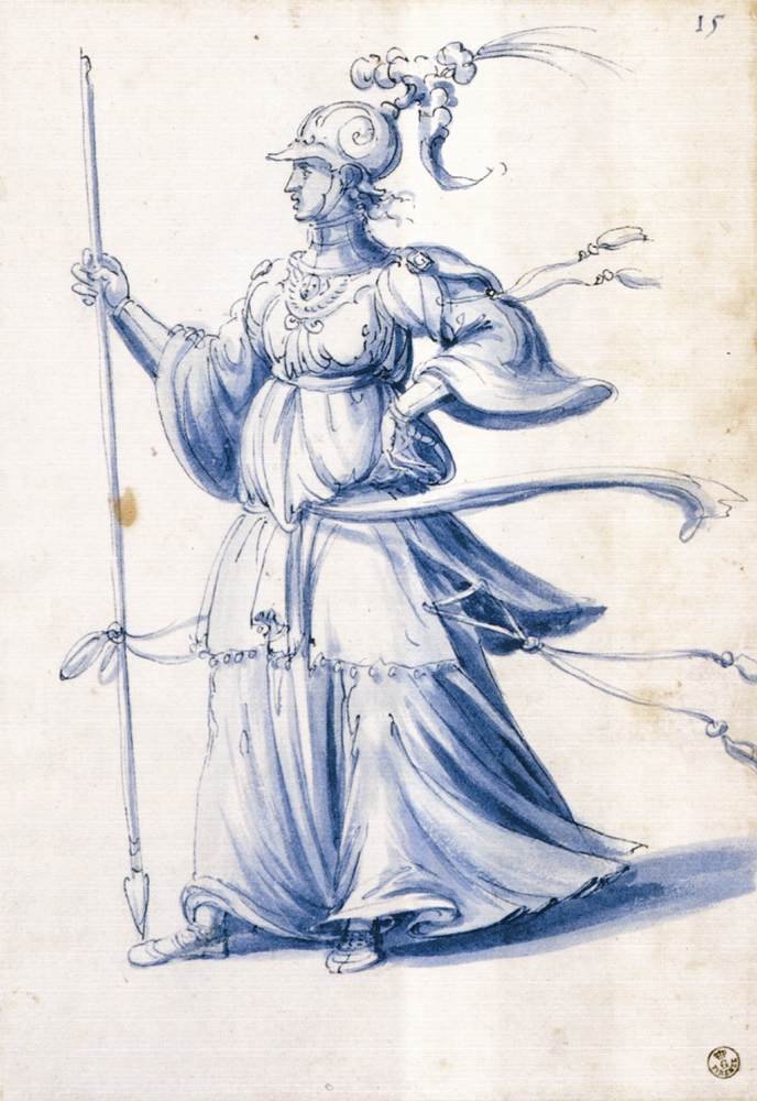 Dessin de costume pour une femme avec une lance - Giuseppe Arcimboldo