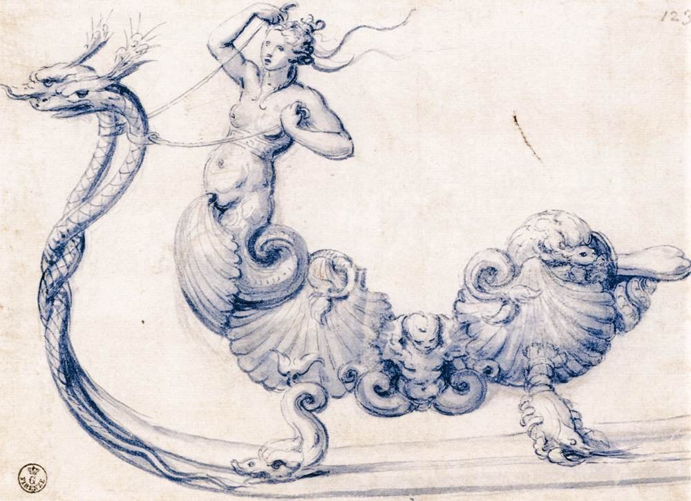 Esquisse pour un traîneau avec des figures de sirènes - Giuseppe Arcimboldo