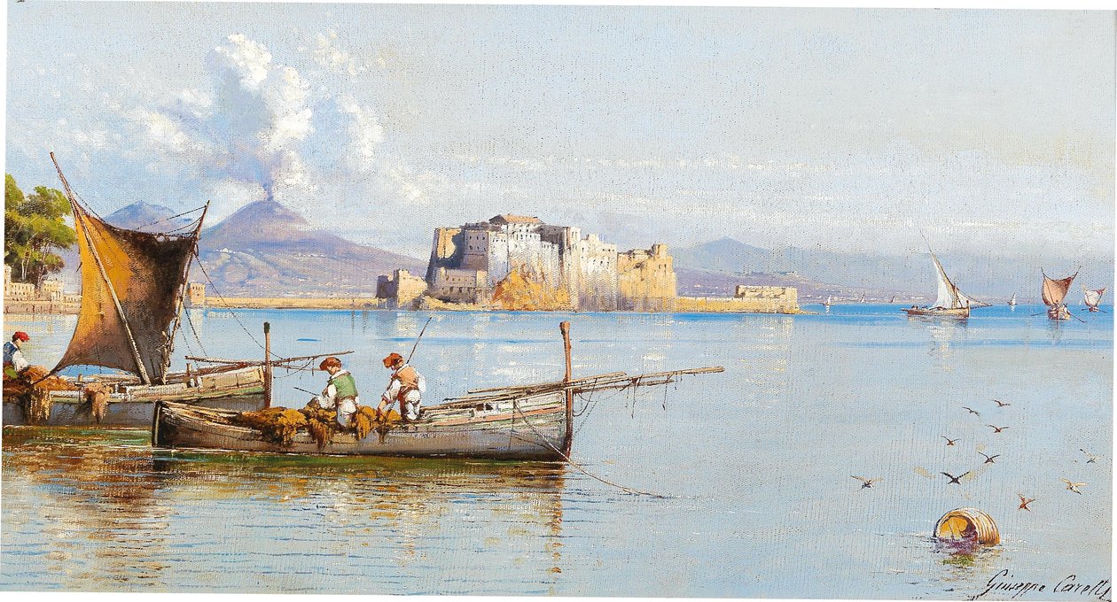 Pêcheurs dans le golfe de Naples, Vésuve en arrière-plan - Giuseppe Carelli