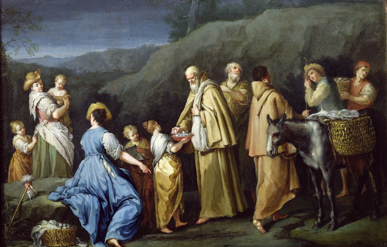 Jeune fille offrant des œufs à un groupe de moines - Giuseppe Gambarini