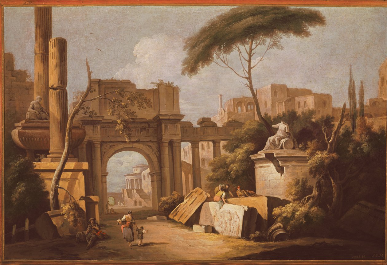 Ruines anciennes avec un grand arc et une colonne, vers 1735-40 - Giuseppe Zais