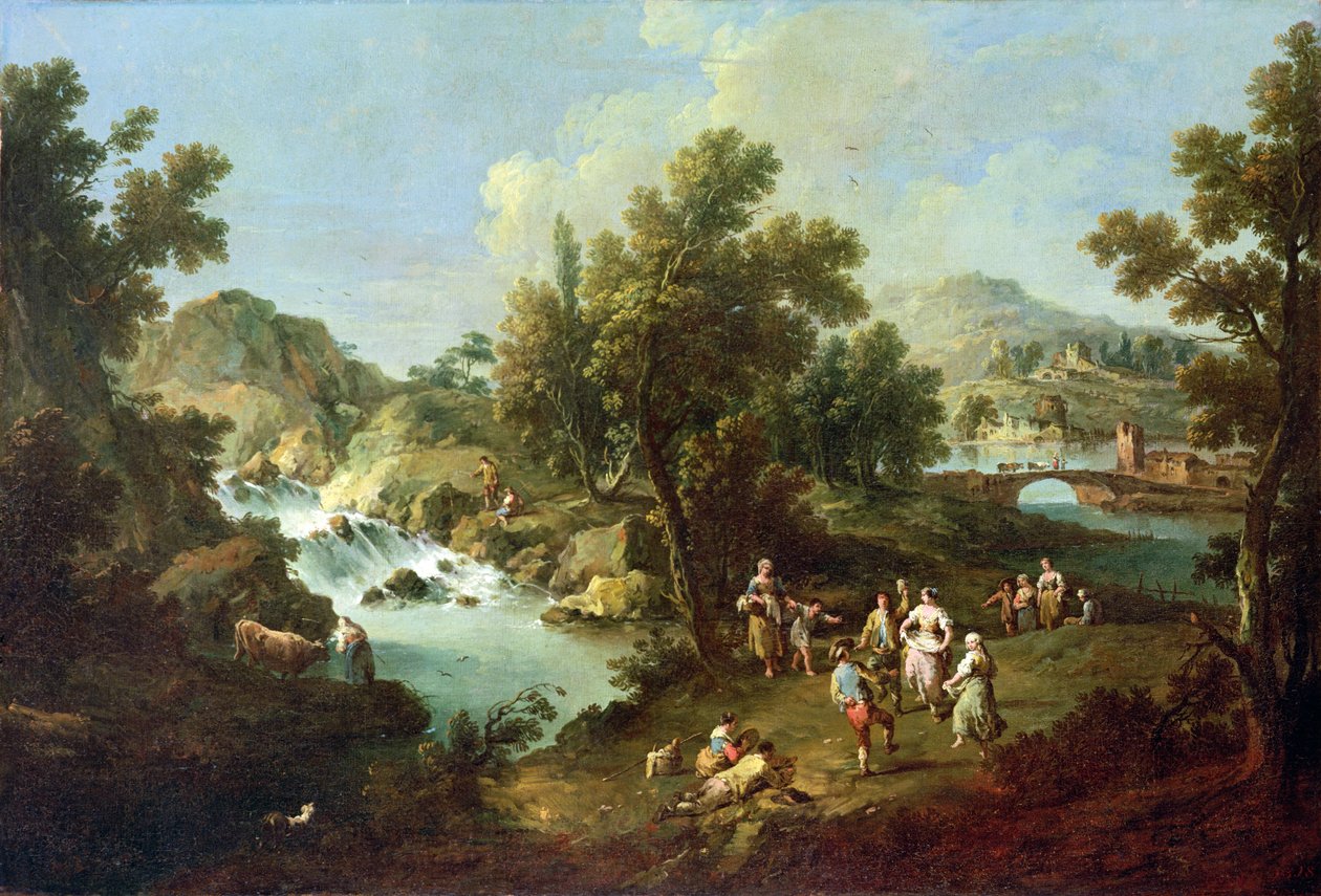Paysage avec une rivière et des paysans dansant - Giuseppe Zais
