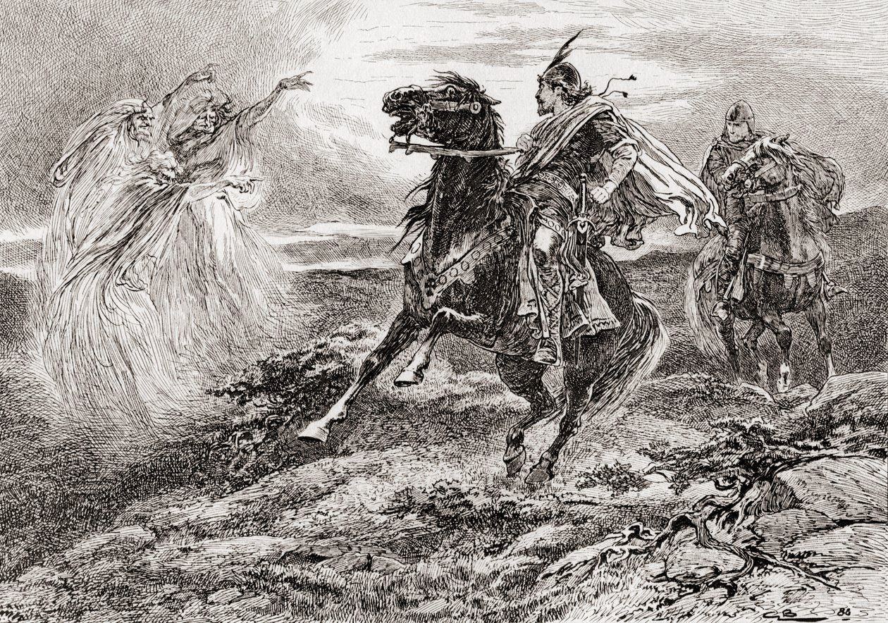 Scène de la pièce de William Shakespeare, Macbeth, Acte I, Scène 3, de Les Œuvres de William Shakespeare, publié en 1896 - Gordon Frederick Browne