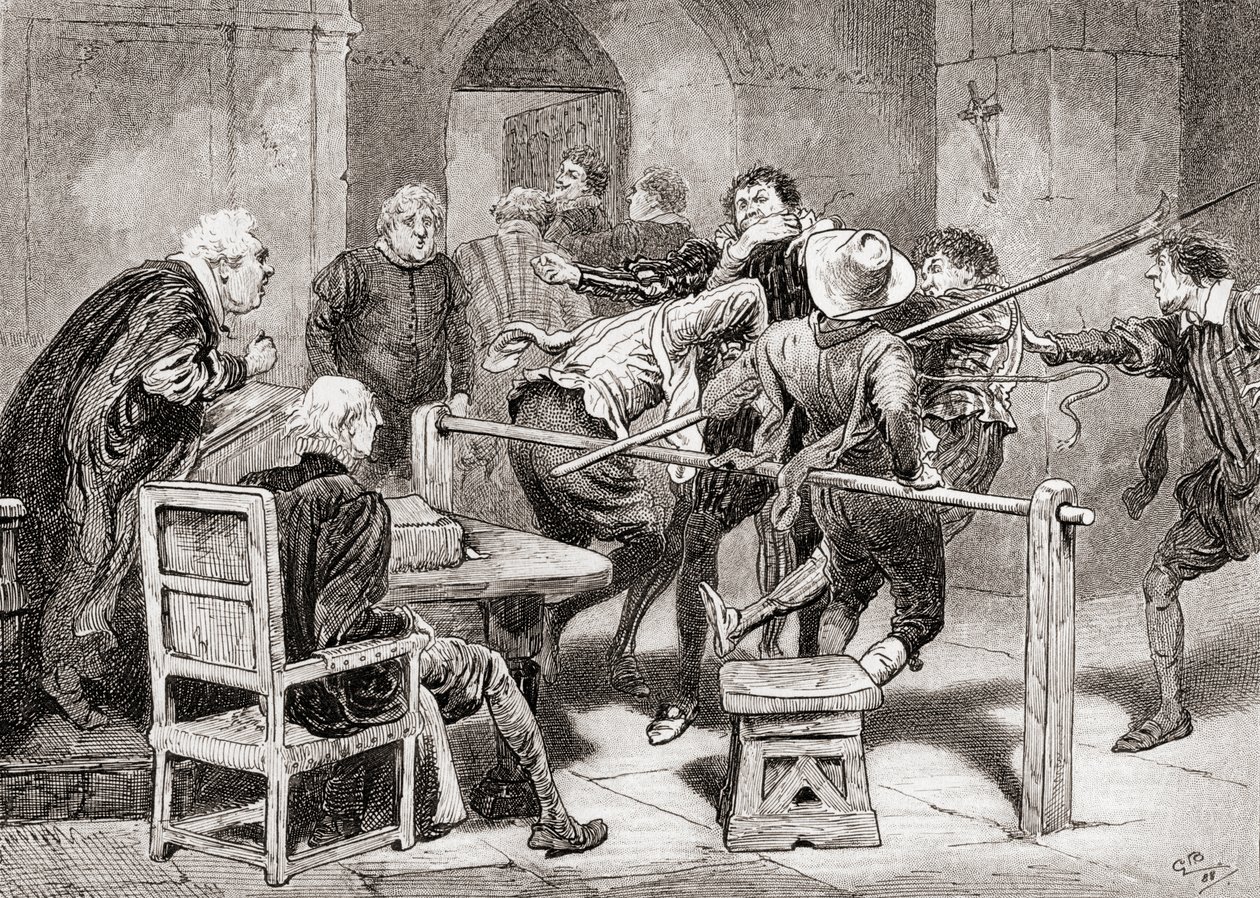 Scène de la pièce de William Shakespeare, Beaucoup de bruit pour rien, Acte IV, Scène 2, de Les Œuvres de William Shakespeare, publié en 1896 - Gordon Frederick Browne