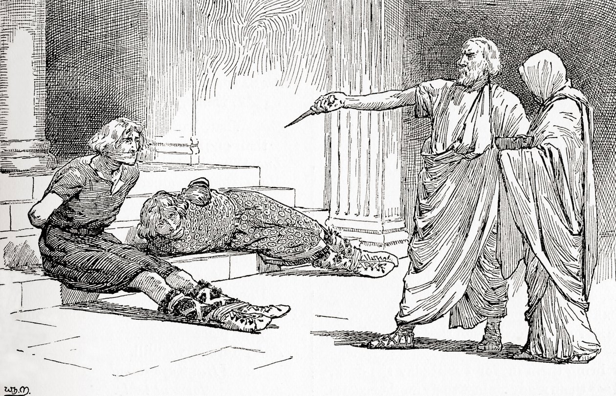 Scène de la pièce de William Shakespeare, Titus Andronicus, Acte V, Scène 2, de Les Œuvres de William Shakespeare, publié en 1896 - Gordon Frederick Browne
