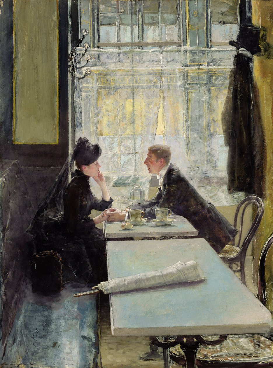 Amoureux dans un café (panneau) - Gotthardt Johann Kuehl