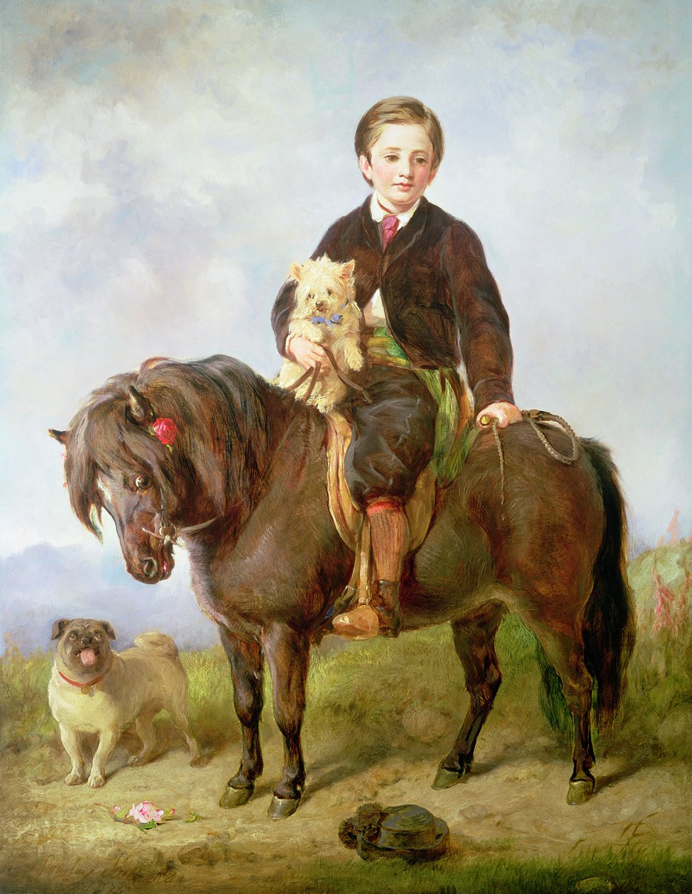 John Samuel Bradford en garçon assis sur un poney shetland avec un chien carlin, 19ème siècle - Gourlay Steel