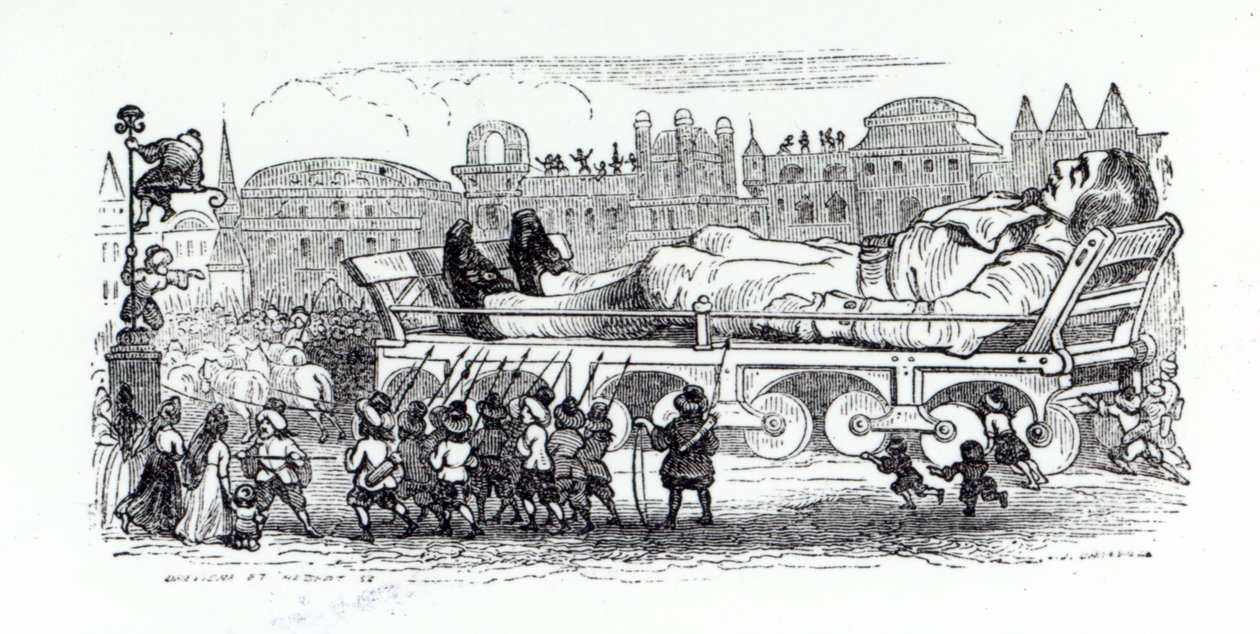Gulliver transporté à la capitale lilliputienne, une illustration de 