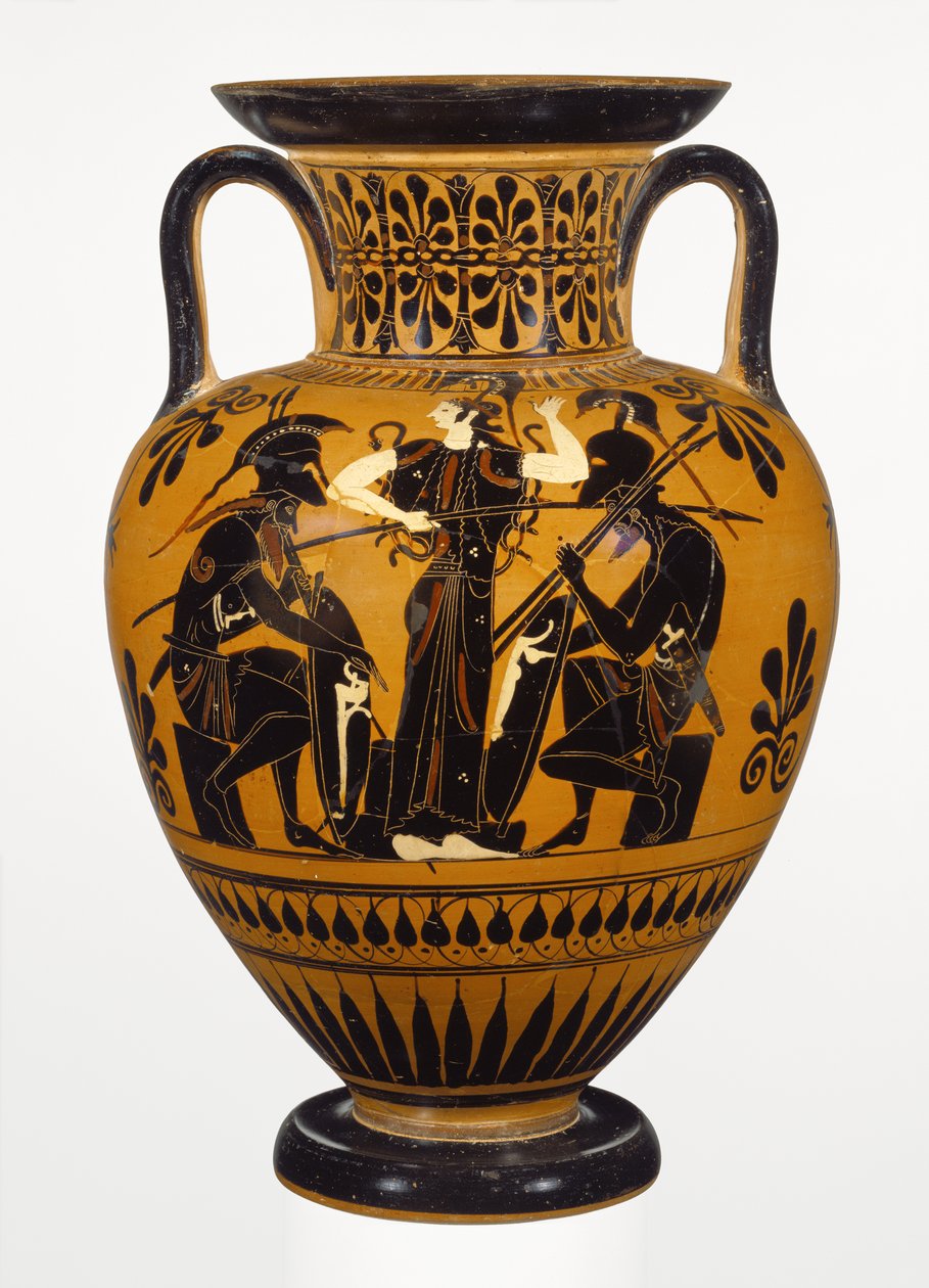 Amphore à col attique à figures noires athénienne, attribuée au groupe Leagros, avec Ajax et Achille, vers 510 av. J.-C. (terre cuite) - Greek