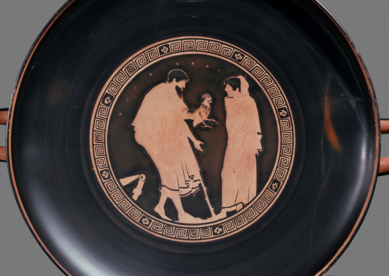 Coupe à figures rouges attiques avec un homme barbu offrant un coq à un garçon, c.470 av. J.-C. - Greek