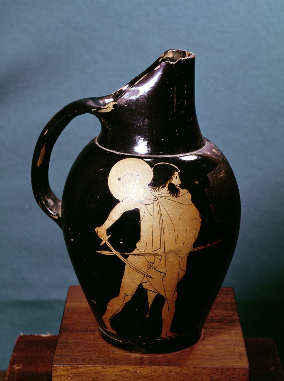 Oenochoé attique à figures rouges représentant Ulysse poursuivant la sorcière Circé avec son épée (céramique) - Greek