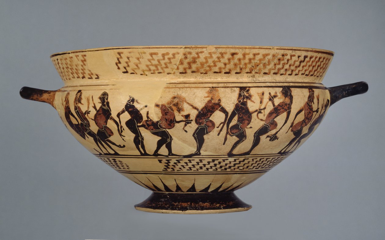 Coupe corinthienne moyenne décorée de seize danseurs rembourrés ou Komasts, peut-être de Cerveteri, vers 600-575 av. J.-C. - Greek