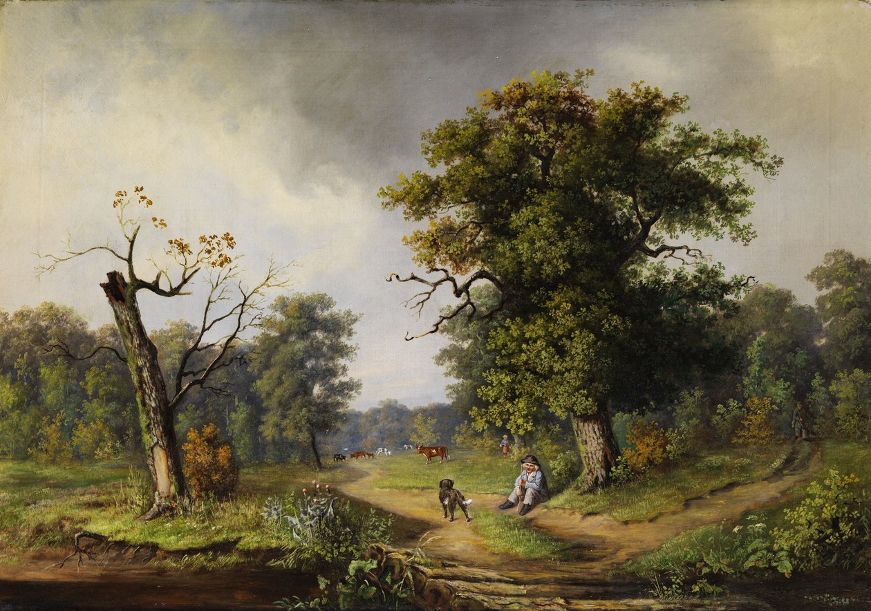 Berger de vaches au repos au bord de la forêt - Guido Hampe