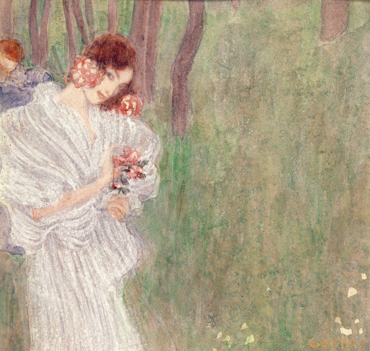 Fille en robe blanche debout dans une forêt - Gustav Klimt