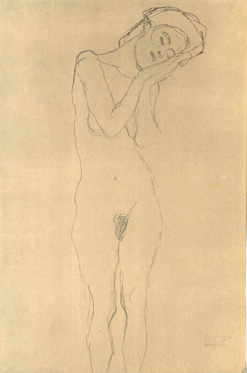 Jeune fille nue de face avec main sur la joue - Gustav Klimt
