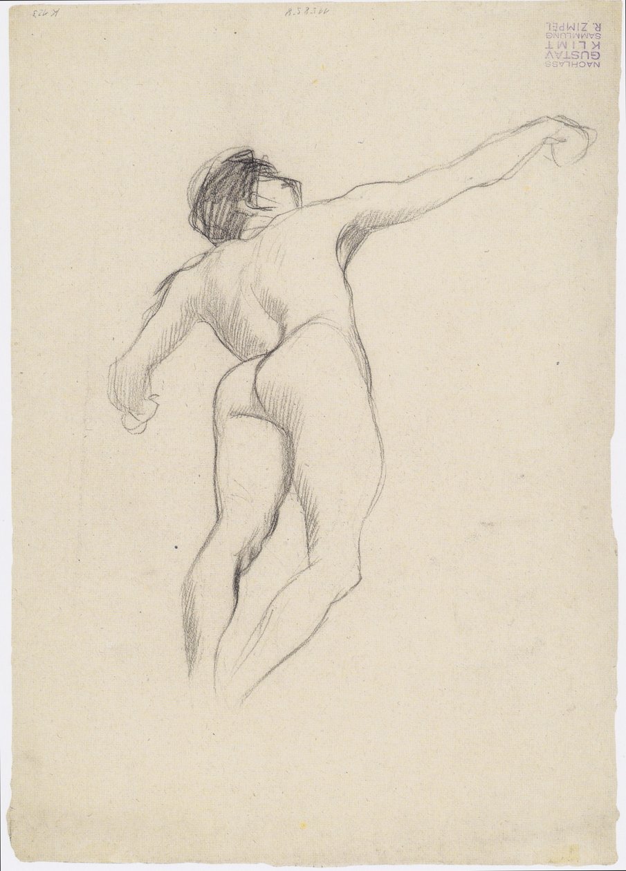 Nu masculin flottant vu de dos en forte contre-plongée vers la droite - Gustav Klimt