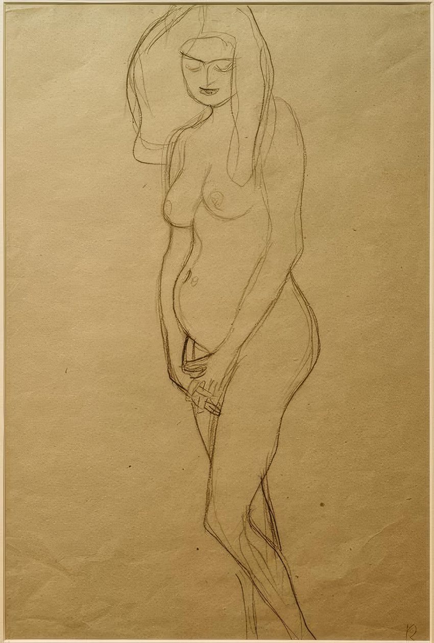 Femme enceinte debout vers la gauche, les mains... - Gustav Klimt