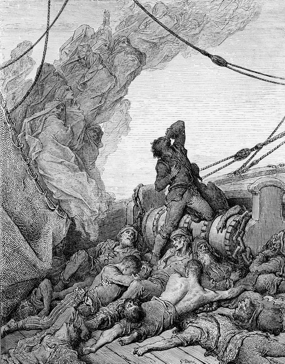 Le marin, entouré des marins morts, souffre d