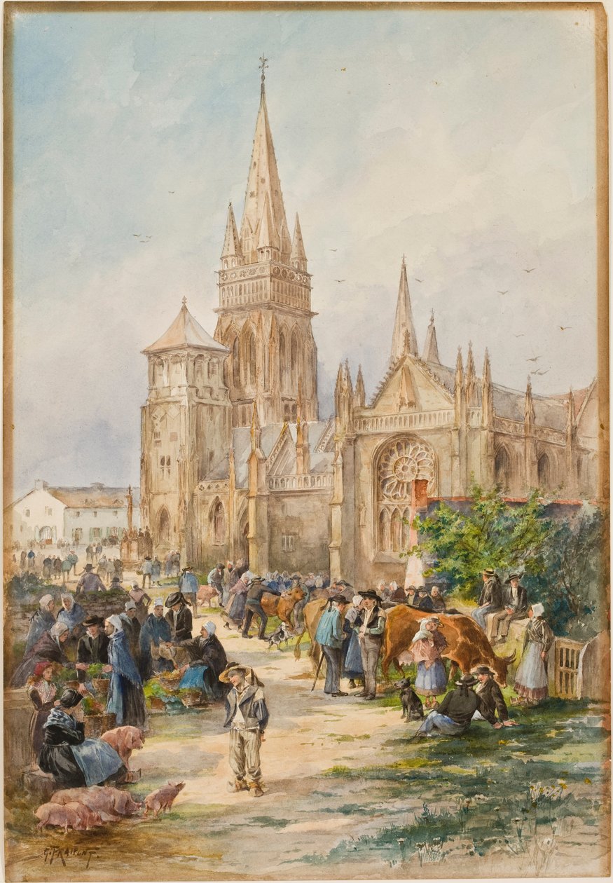 Scène de marché à Le Folgoët, Bretagne - Gustave Fraipont