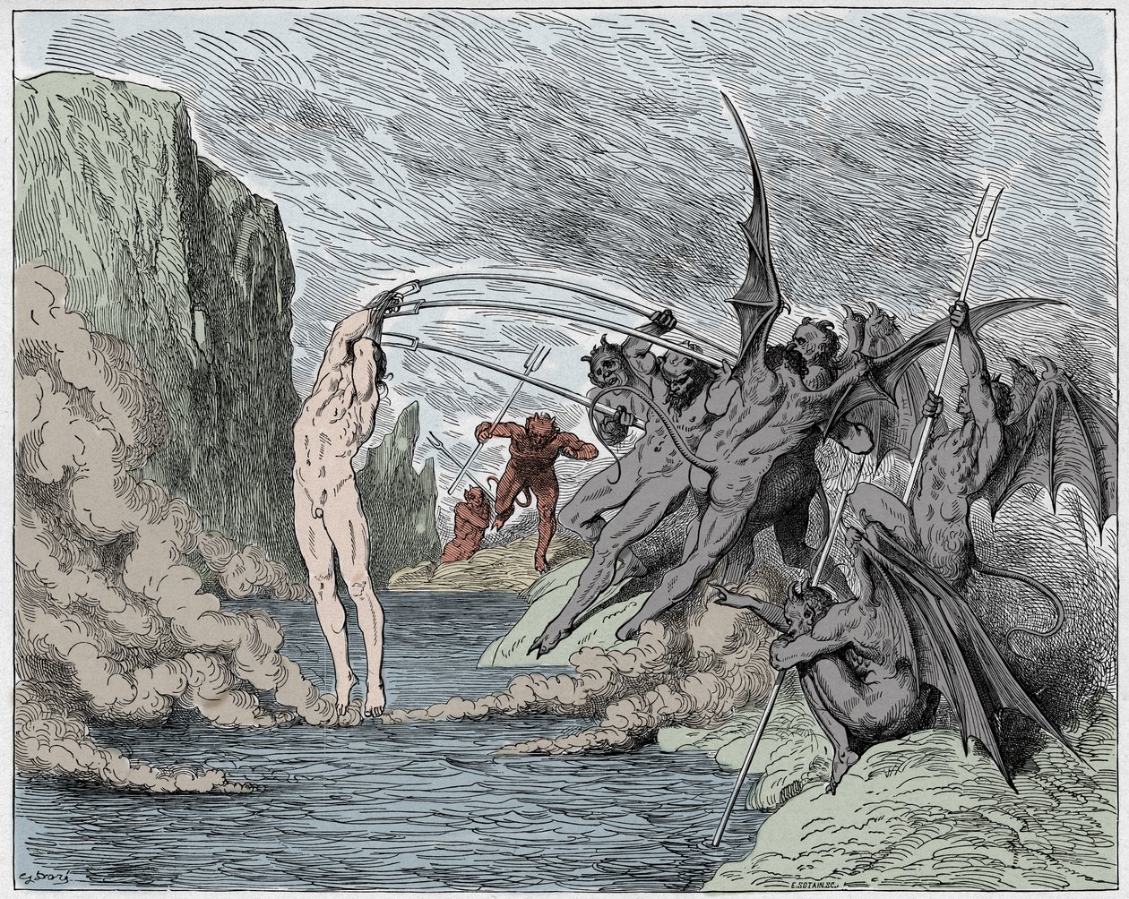 Inferno, Chant 21 : Les diables tourmentent les barrateurs, illustration de La Divine Comédie de Dante Alighieri, 1885 - Gustave after Dore