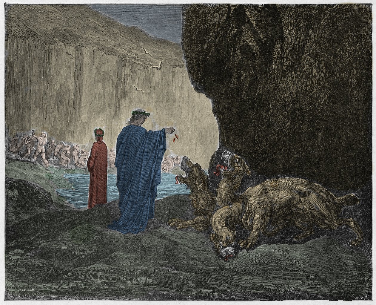 Inferno, Chant 6 : Virgile nourrit Cerbère dans le troisième cercle, illustration de La Divine Comédie de Dante Alighieri, 1885 - Gustave after Dore