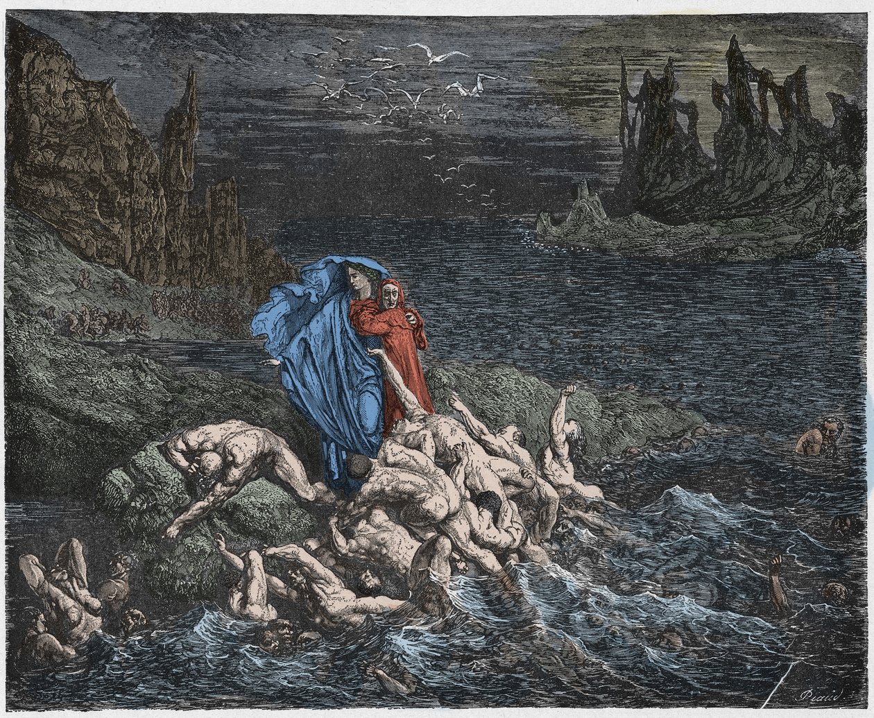Inferno, Chant 7 : Virgile montre à Dante les âmes des coléreux dans le Styx, illustration de La Divine Comédie de Dante Alighieri, 1885 - Gustave after Dore