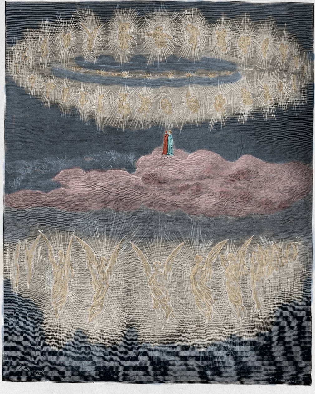 Paradis, Chant 12 : Les anneaux des âmes glorifiées dans le soleil, illustration de La Divine Comédie de Dante Alighieri, 1885 (gravure colorée numériquement) - Gustave after Dore