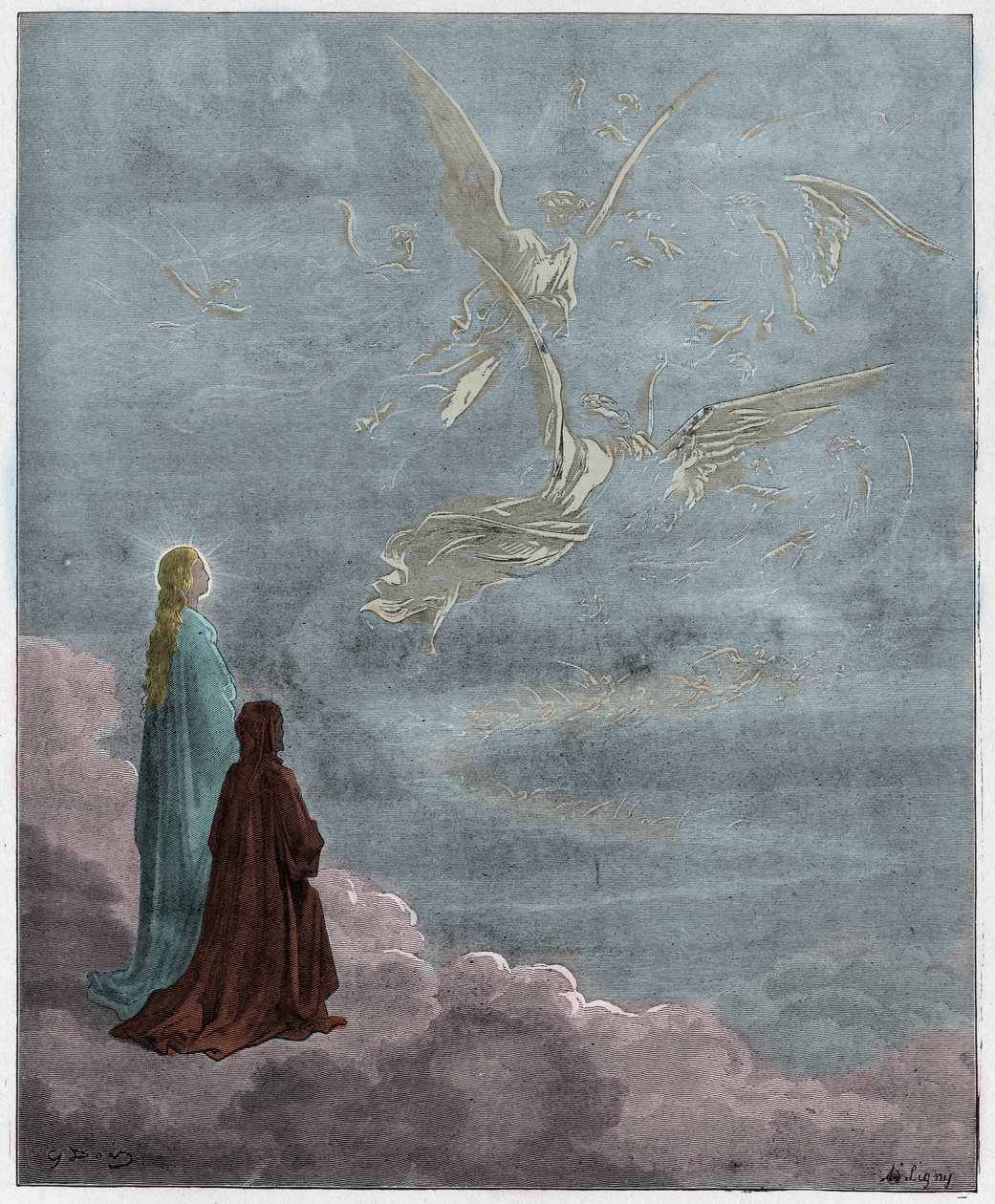 Paradis, Chant 18 : Dante et Béatrice traduits dans la sphère de Jupiter, illustration de La Divine Comédie de Dante Alighieri, 1885 (gravure colorée numériquement) - Gustave after Dore