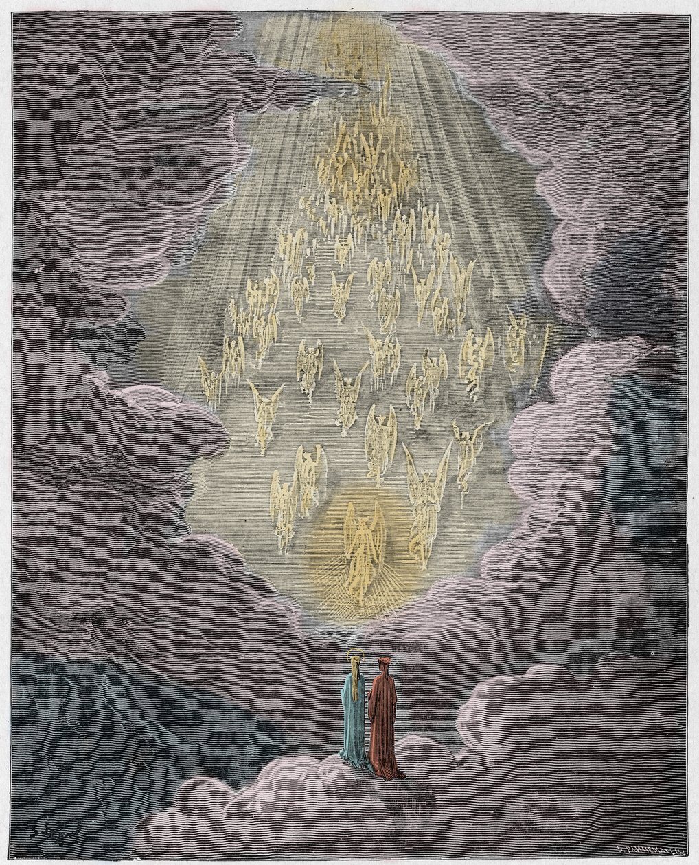 Paradis, Chant 21 : Béatrice et Dante dans la sphère de Saturne, illustration de La Divine Comédie de Dante Alighieri, 1885 (gravure colorée numériquement) - Gustave after Dore