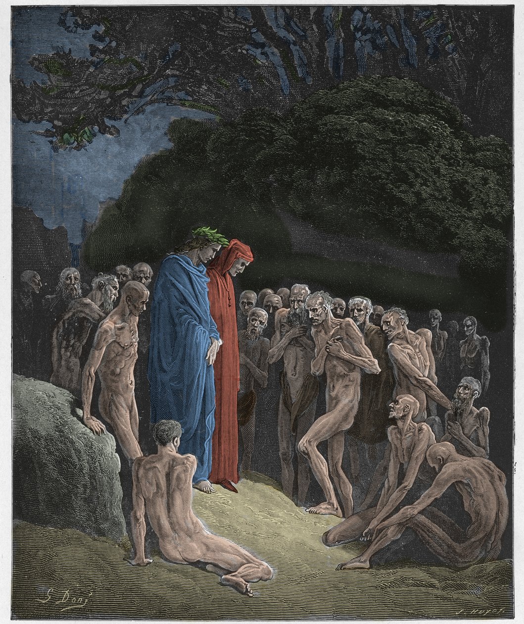 Purgatoire, Chant 23 : Les âmes des gourmands, illustration de La Divine Comédie de Dante Alighieri, 1885 (gravure colorée numériquement) - Gustave after Dore