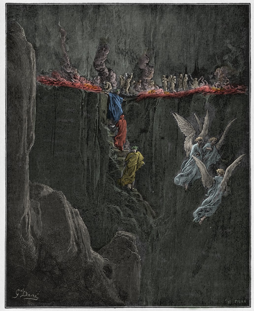 Purgatoire, Chant 25 : Virgile et Dante montent au septième cercle à travers les flammes, illustration de La Divine Comédie de Dante Alighieri, 1885 (gravure colorée numériquement) - Gustave after Dore
