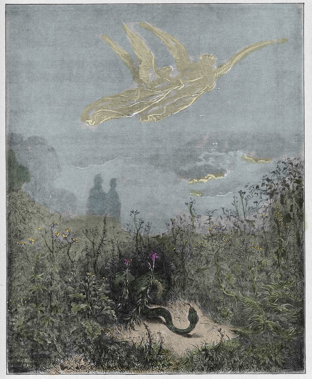 Purgatoire, Chant 8 : Les anges chassent le serpent, illustration de La Divine Comédie de Dante Alighieri, 1885 (gravure colorée numériquement) - Gustave after Dore