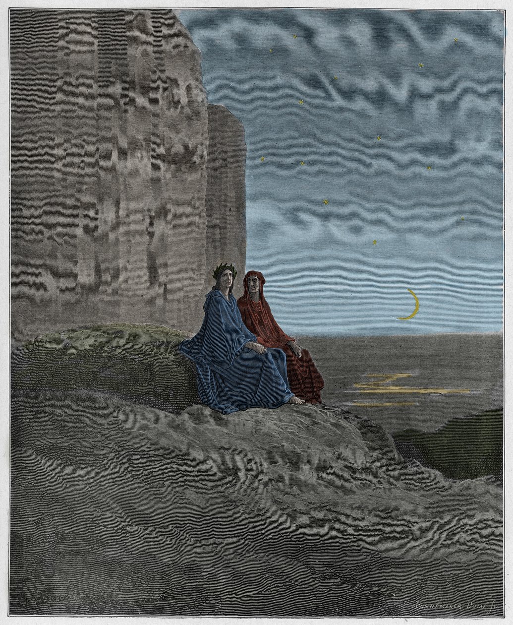 Purgatoire, Chant 9 : Crépuscule, illustration de La Divine Comédie de Dante Alighieri, 1885 (gravure colorée numériquement) - Gustave after Dore