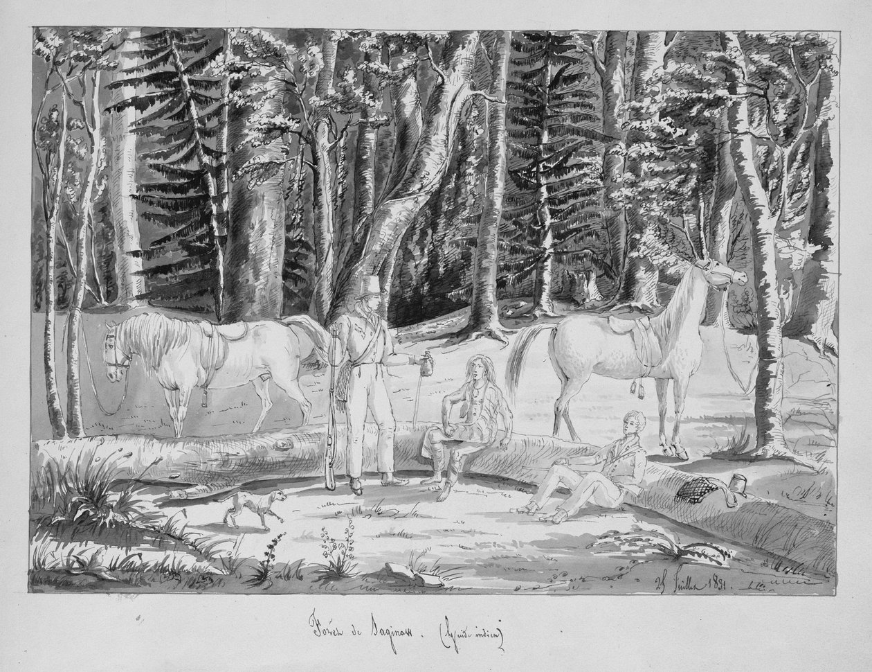 Voyageurs avec un guide indien dans la forêt de Saginaw, 1831 - Gustave de Beaumont